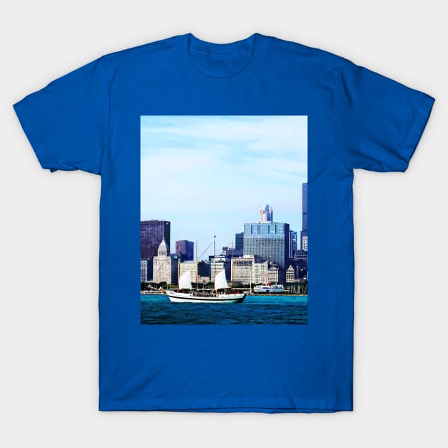 Chicago IL - Schooner Against Chicato Skyline T-Shirt by SusanSavad